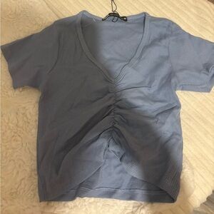 Zara Light Blue Ruched V-Neck Tee